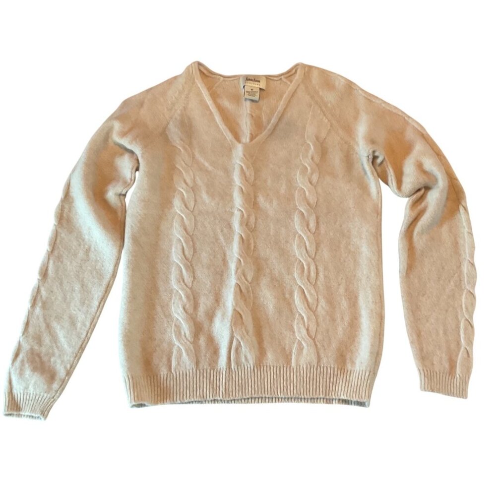 NWOT Neiman Marcus Beige 100% Cashmere Cable Knit V-Neck Sweater Womens M